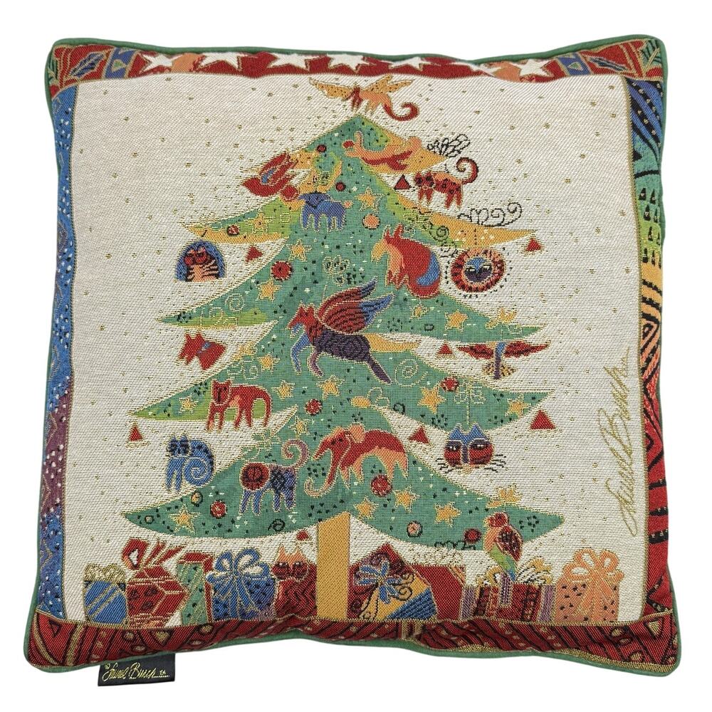 Vintage Laurel Burch Christmas Tree Pillow Holiday Folk Art 18x18 90s